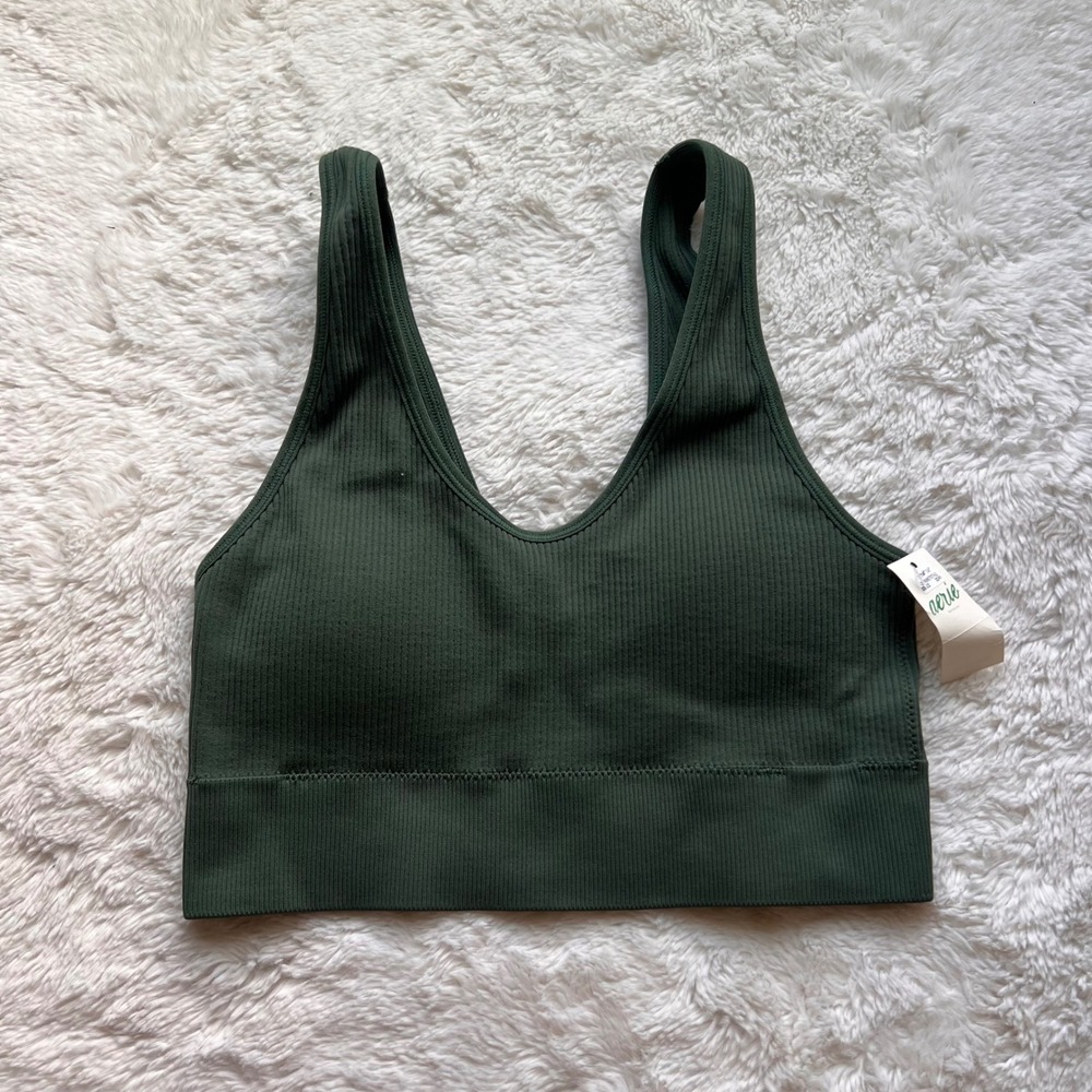 Aerie Womens Seamless Ribbed V-Neck Sports Bra Forest Green Small 2693-3241 NWT